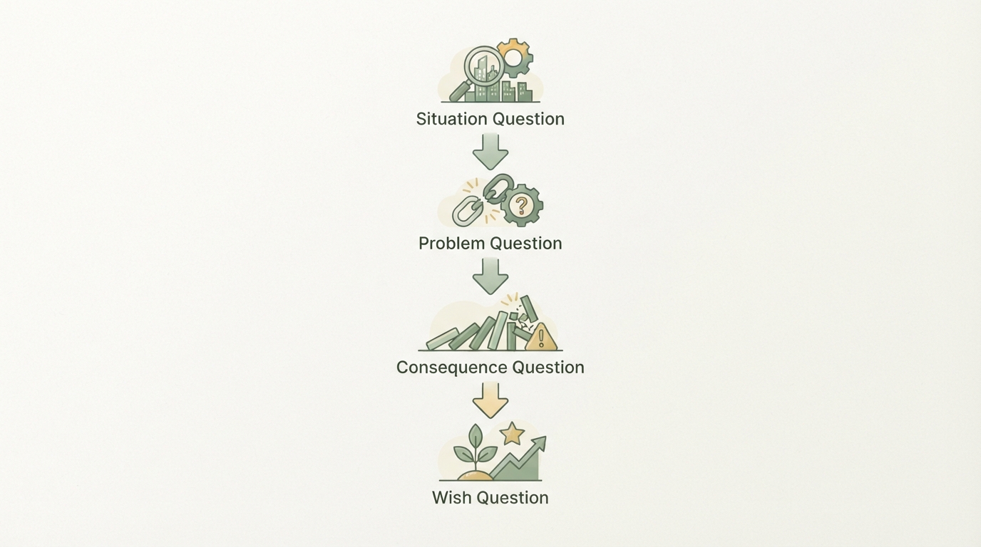 a four-step vertical flow diagram showing icons for situation question, problem question, consequence question, and wish question, connected by arrows top to bottom
