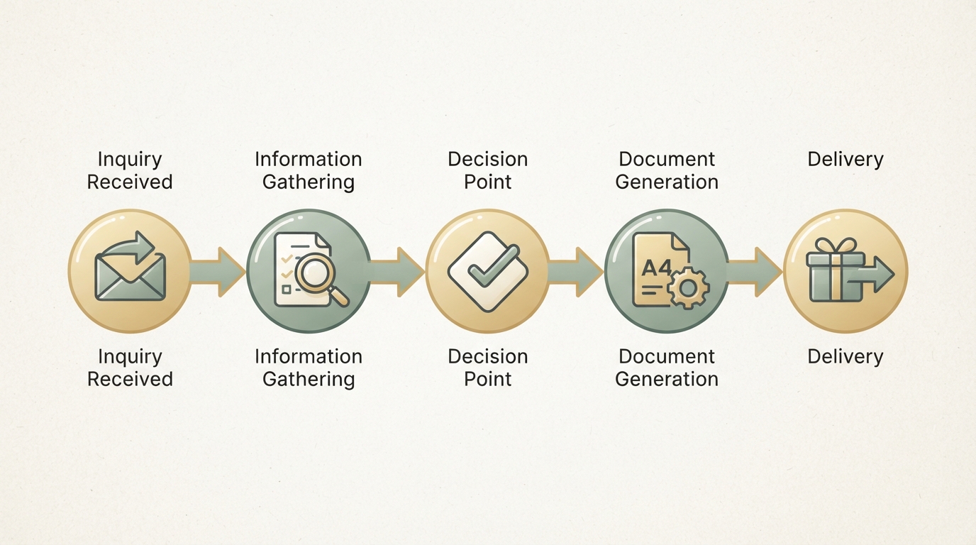 Five-step horizontal flow diagram showing icons for: inquiry received, information gathering, decision point, document generation, delivery — connected by arrows left to right