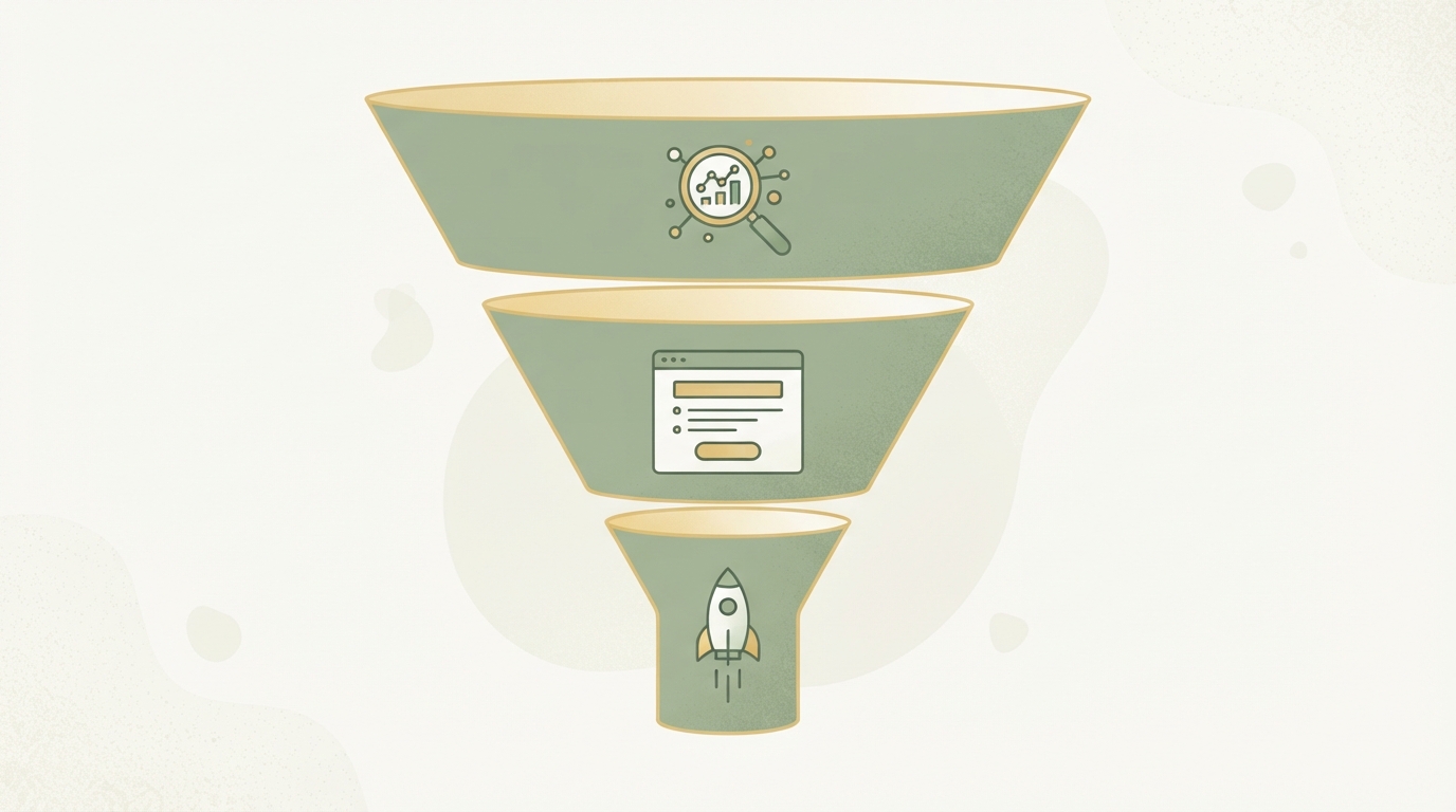 a funnel diagram with three stages from top to bottom, icons only, magnifying glass for problem research, landing page rectangle for signal test, small rocket for launch, with a shrinking width to visualize drop-off between stages
