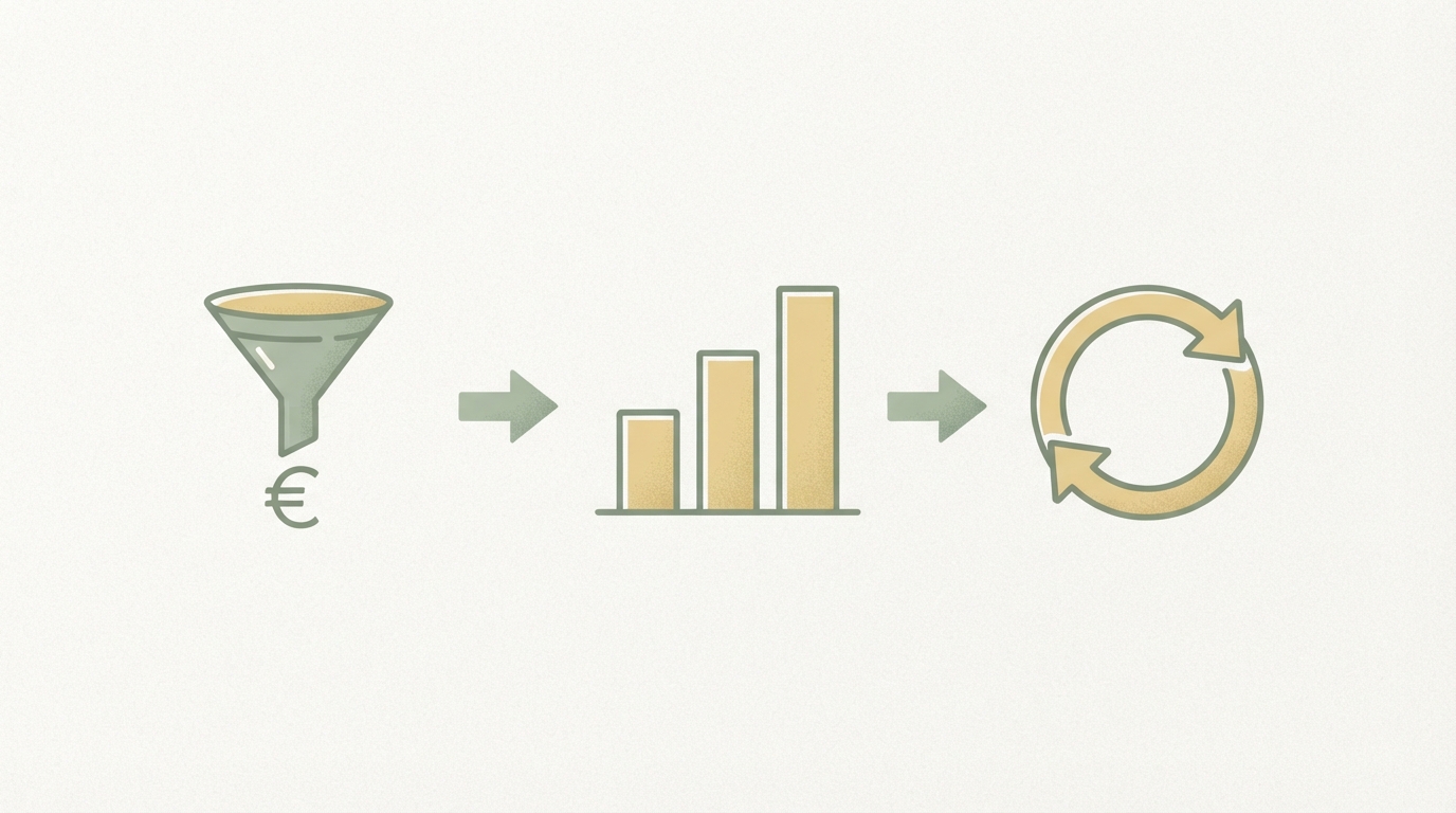 drei verbundene Phasen als einfache Icons von links nach rechts: ein kleiner Trichter mit Euro-Symbol für die Testphase, ein aufwärts wachsendes Balkendiagramm für die Skalierungsphase, eine Schleife für Reinvestition