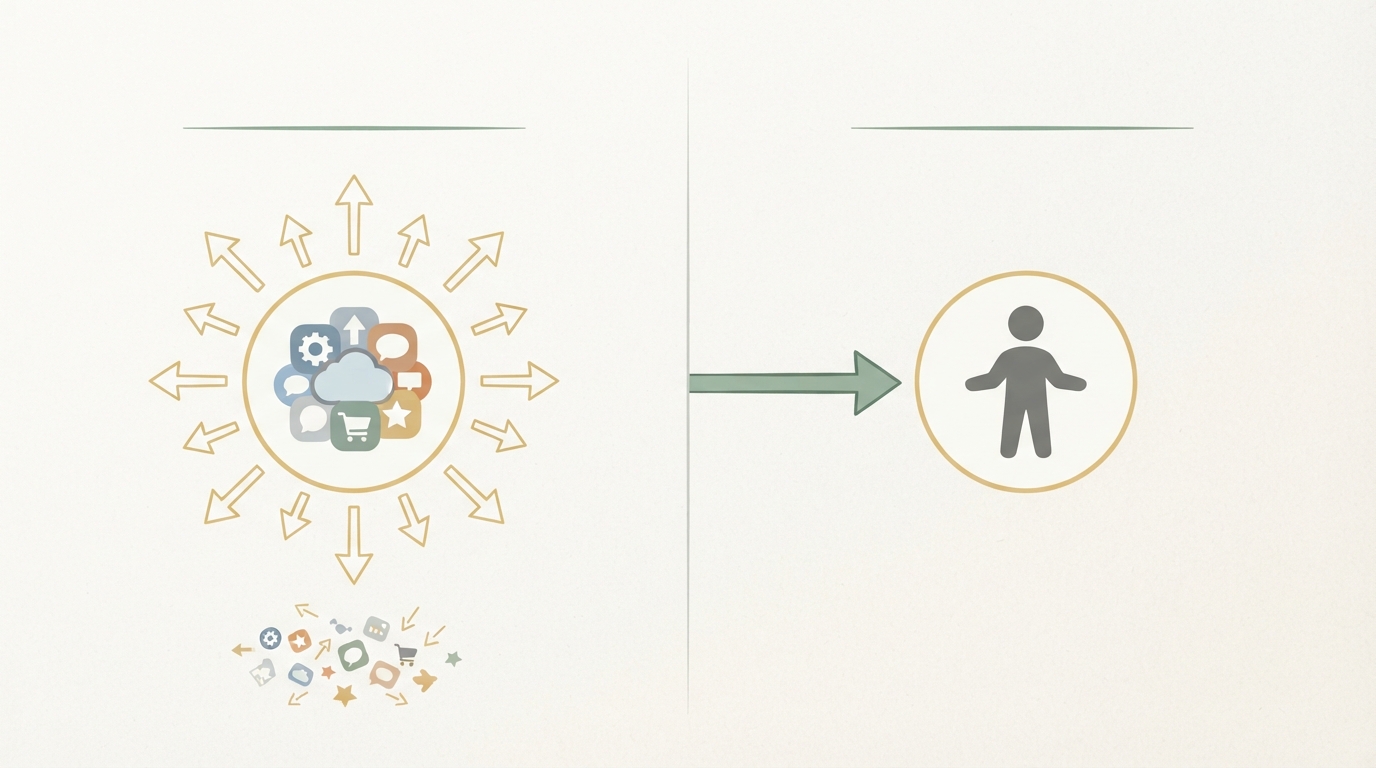 two-column comparison, left side labeled with a crowded generic app icon and many small overlapping arrows pointing outward in all directions, right side labeled with a single clear arrow pointing to one specific person icon, clean minimal flat style