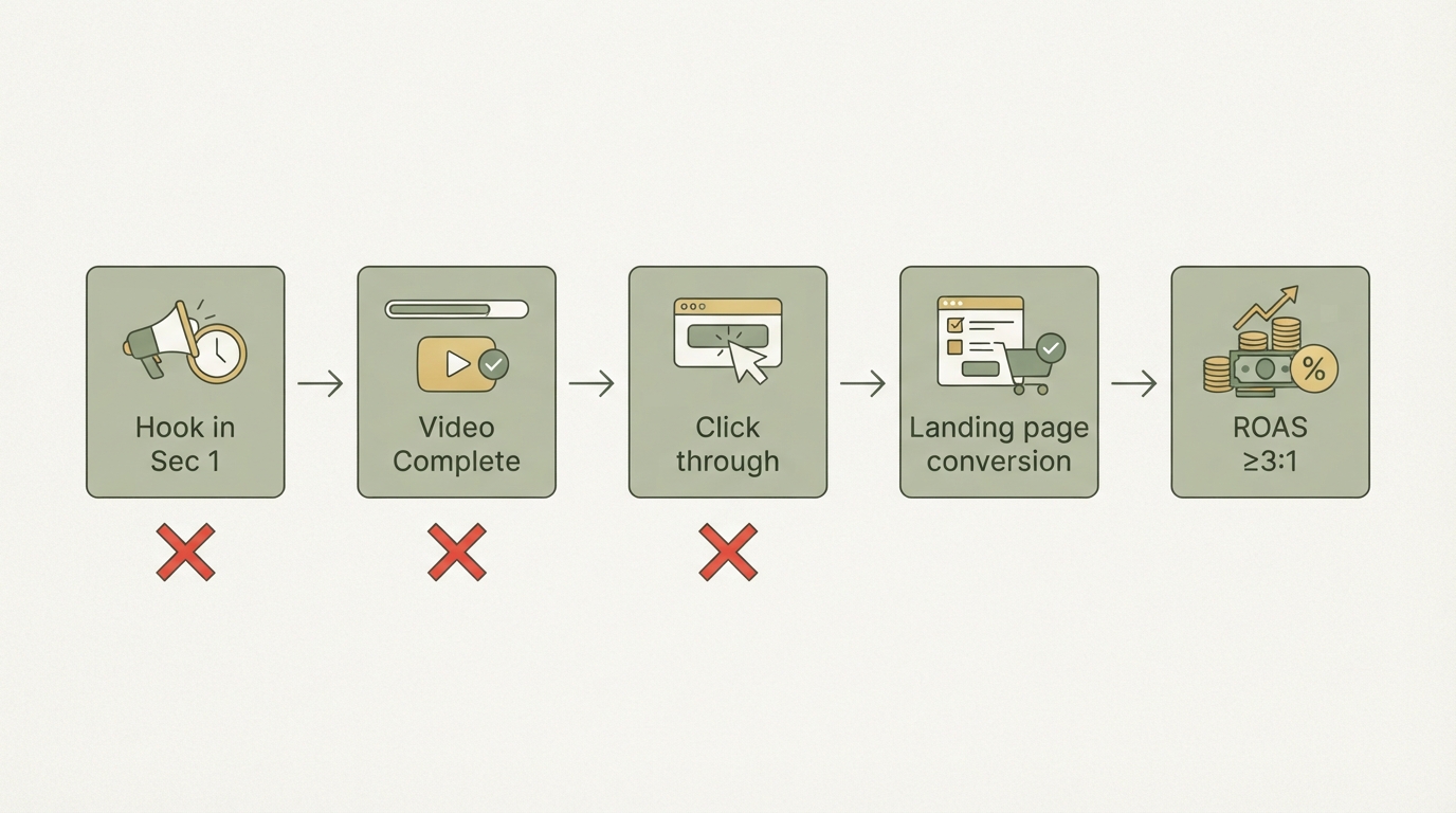 a flowchart showing 5 boxes in sequence: "Hook in Sec 1" → "Video Complete" → "Click through" → "Landing page conversion" → "ROAS ≥3:1", with red X marks under the first three showing the top drop-off points