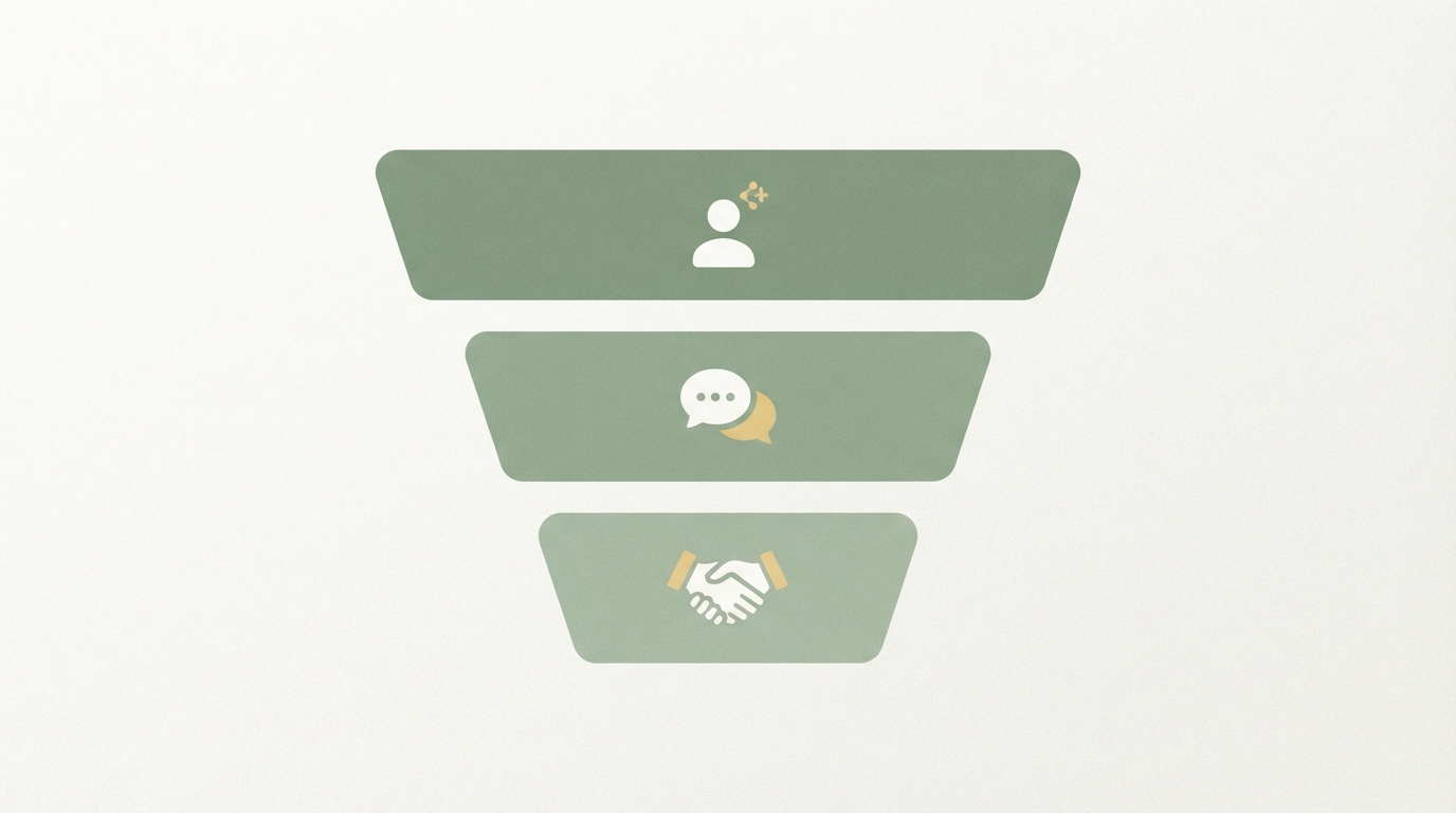 simple funnel diagram with three horizontal bars shrinking in width, top bar largest labeled with a person icon for connection requests, middle bar labeled with a chat icon for replies, bottom bar smallest labeled with a handshake icon for real conversations, clean minimal flat style, no readable text