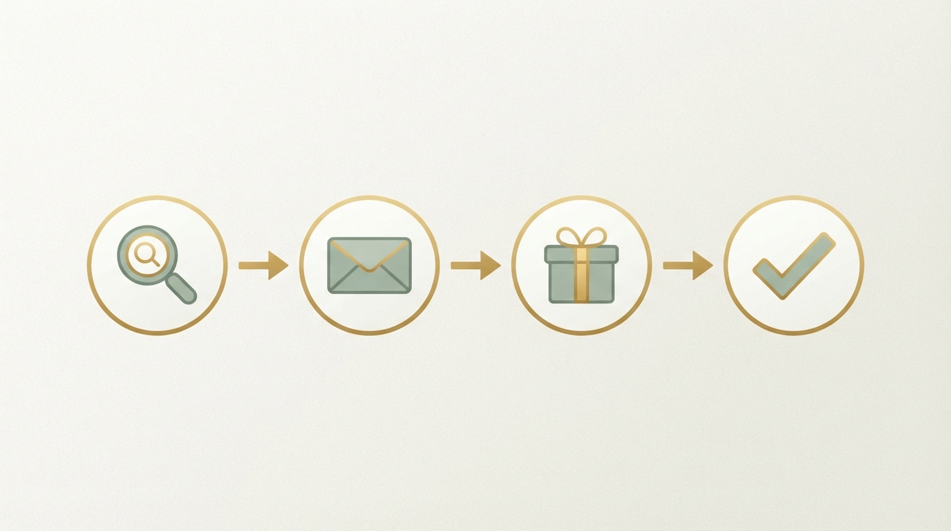 simple four-step horizontal flow diagram with icons only, magnifying glass, envelope, gift box, checkmark, connected by arrows left to right