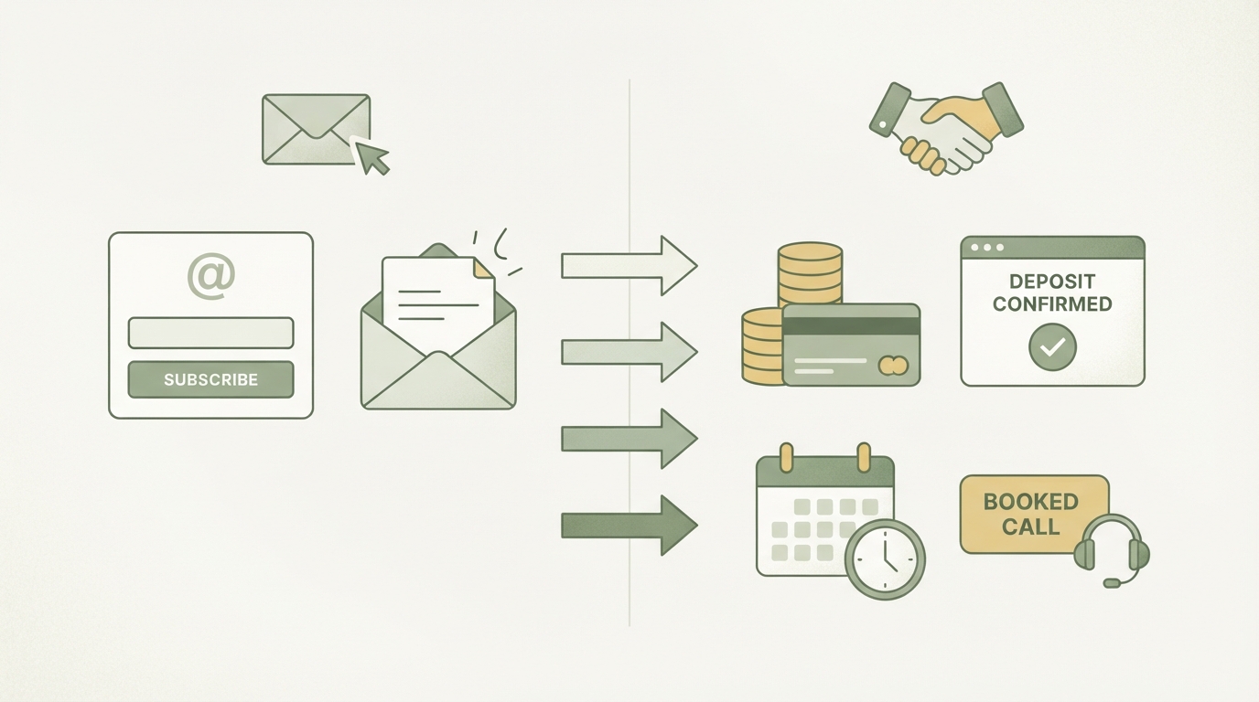 a simple two-column comparison, left column labeled with an envelope icon showing weak signals like a plain email signup, right column labeled with a handshake icon showing strong signals like a deposit or booked call, arrows pointing from weak to strong