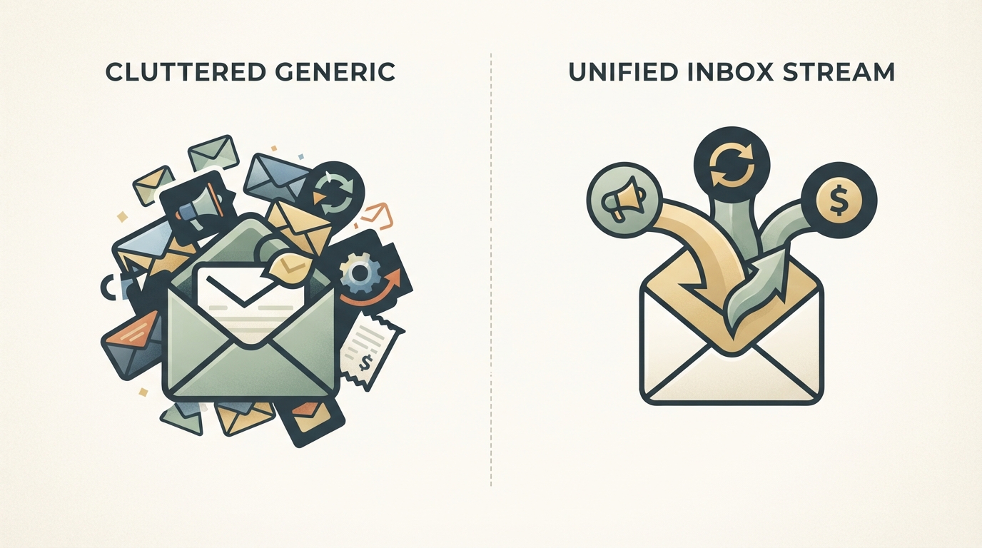 side-by-side comparison of a cluttered generic email tool interface icon versus one clean unified inbox icon combining three mail types (marketing, lifecycle, transactional) into a single stream, simple flat style, no text