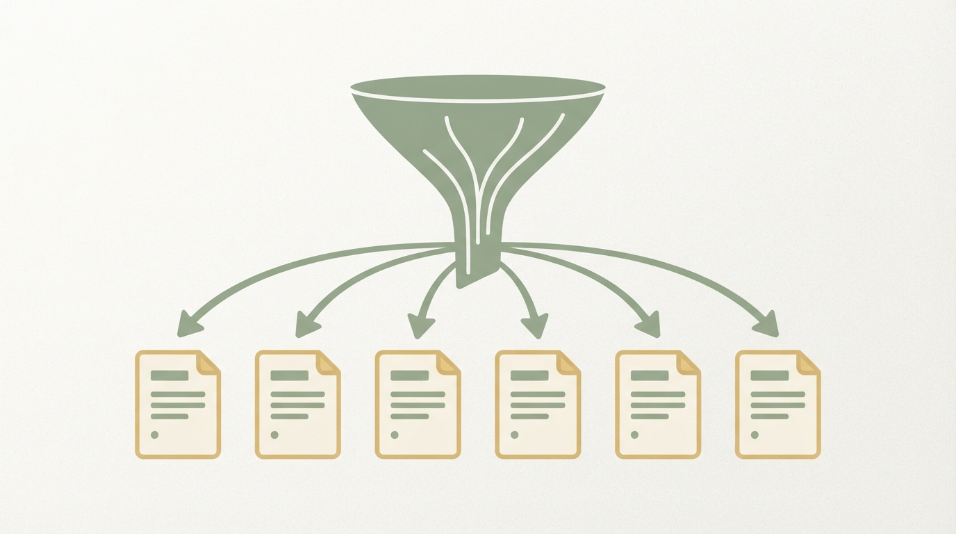 simple funnel diagram showing one broad topic splitting into six narrow template page icons, each labeled with a generic document icon, arrows fanning outward