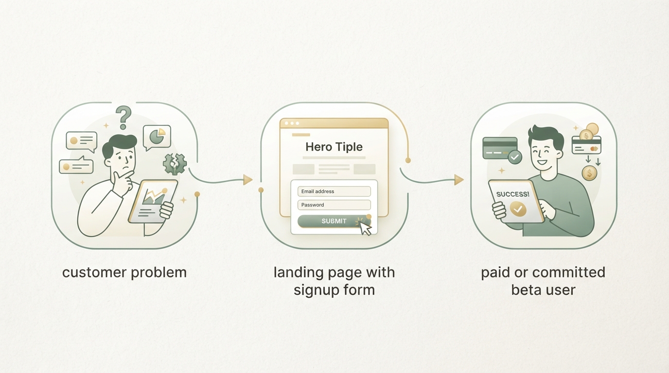 three-stage SaaS validation flow shown left to right as icons: customer problem, landing page with signup form, paid or committed beta user, clean diagram with no readable text