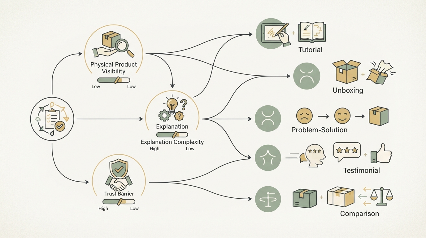 decision framework diagram for choosing UGC format: physical product visibility, explanation complexity, trust barrier, and recommended format branches for tutorial, unboxing, problem-solution, testimonial, comparison; no readable text