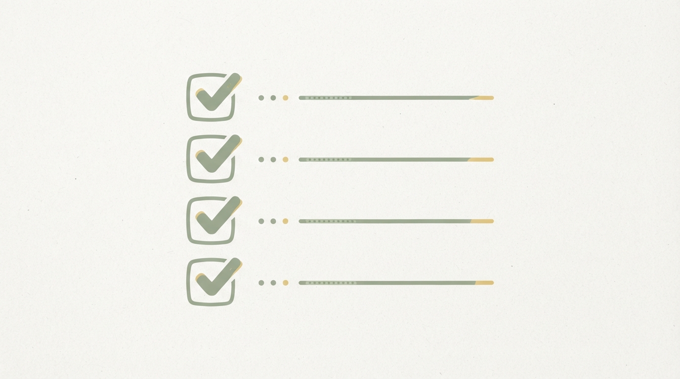 four checkmark icons in a row on a simple checklist, minimal flat style, no text, no people