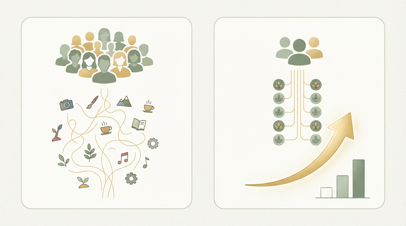 side-by-side comparison of two creator profiles, left labeled with a large audience icon and scattered mixed interest icons, right labeled with a small audience icon and uniform matching interest icons, arrow showing higher conversion on the right